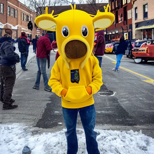 Prompt: a moose with a yellow hoodie selling coffee at a stand in downtown peterborough new hampshire, realistic, 8 k