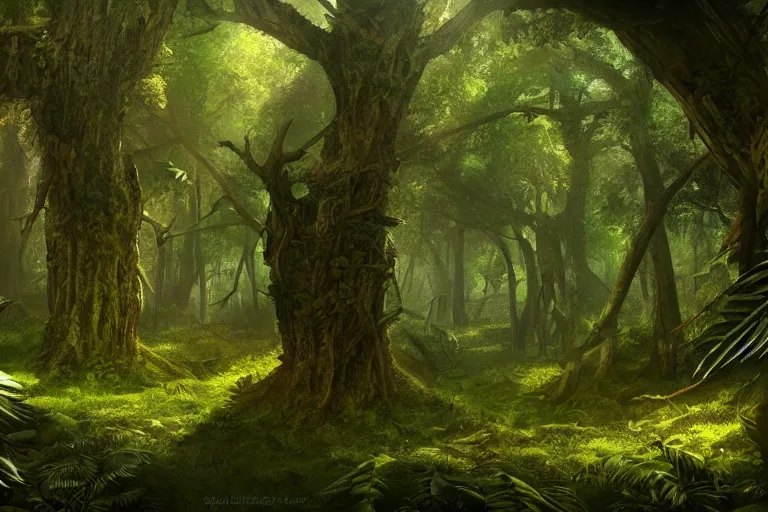 Image similar to a clearing in the forest, sharp focus, matte painting, illustration, concept art, ancient city covered in foliage