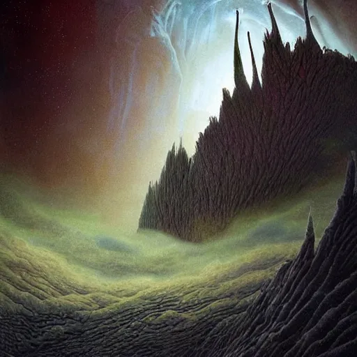 Image similar to artistic digital artwork of an epic natural scene on an alien planet. beautiful landscape by vincent bons, michael whelan, remedios varo and gerardo dottori. grainy and rough. interesting pastel colour palette. beautiful light. oil and water colour based on high quality render.