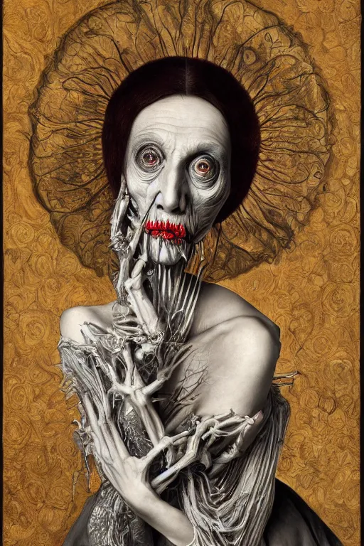 Prompt: Detailed maximalist portrait of a beautiful old woman with large lips and eyes, scared expression, botanical skeletal with extra flesh, HD mixed media, 3D collage, highly detailed and intricate, surreal illustration in the style of Caravaggio, dark art, baroque