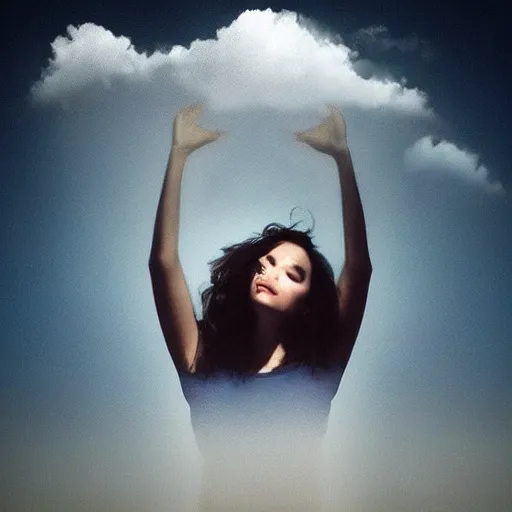 Prompt: “ euphoric woman floating in translucent clouds, psychic mist, beautiful ethereal ”