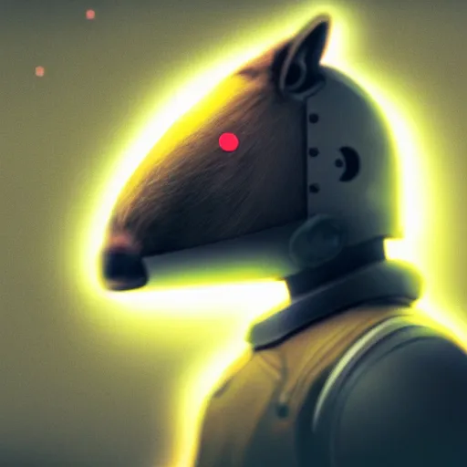 Image similar to wide shot, photo of a capybara head, a huge humanoid capybara-man with a katana, in a heavy futuristic armour without a helmet, hyper realistic, hyper detailed, coherent photo, trending on artstation, cyberpunk, Japanese style, volumetric lightning, neon, electric colours, Cinematic, Dramatic, Film Grain, Kodak Portra, Depth of Field, 15 mm octane render, 4k, raytracing, blender