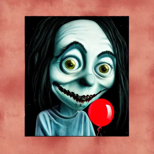 Prompt: grunge painting of a billie eilish with a wide smile and a red balloon by tim burton, loony toons style, pennywise style, corpse bride style, rick and morty style, creepy lighting, horror theme, detailed, elegant, intricate, conceptual