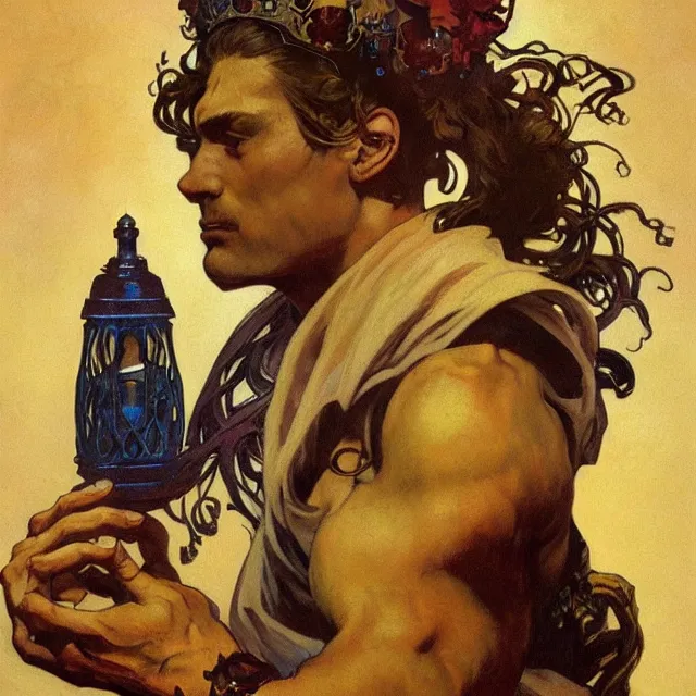 Prompt: an aesthetic! a detailed portrait of a man with a crown, holding a lantern by frank frazetta and alphonse mucha, oil on canvas, art nouveau dungeons and dragons fantasy art, hd, god rays, ray tracing, crisp contour lines, huhd