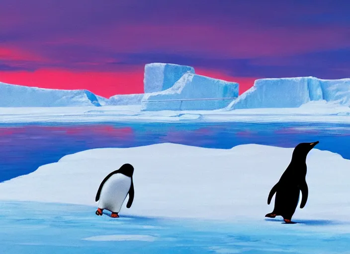 Prompt: a penguin sliding on the ice floe, by makoto shinkai, highly detailed, sunset light