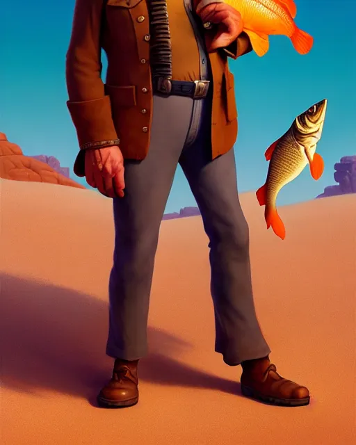 Image similar to disney pixar portrait 8 k photo of captain beefheart standing in the desert holding a fish : : by weta, greg rutkowski, wlop, ilya kuvshinov, rossdraws, artgerm, annie leibovitz, rave, unreal engine, alphonse mucha : :