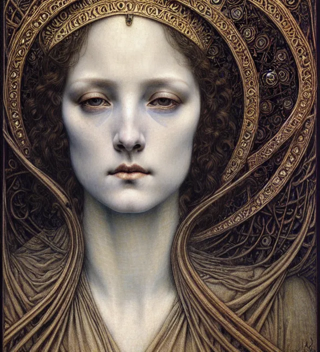 Image similar to detailed realistic beautiful young medieval queen face portrait by jean delville, gustave dore and marco mazzoni, art nouveau, symbolist, visionary, gothic, pre - raphaelite. horizontal symmetry