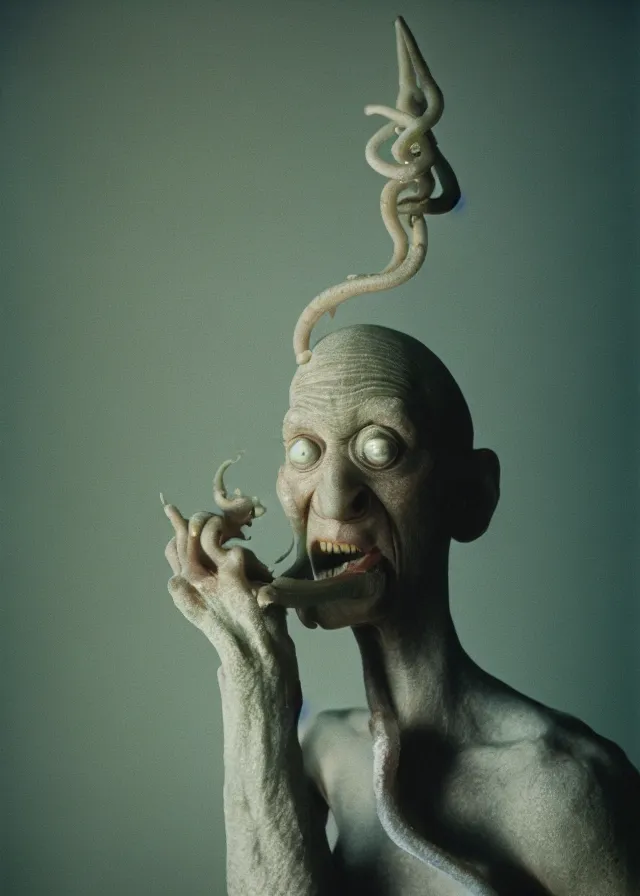 Prompt: live action squidward, portrait photo taken by annie leibovitz, dramatic lighting, 8 5 mm f / 2. 4, kodak portra, color film