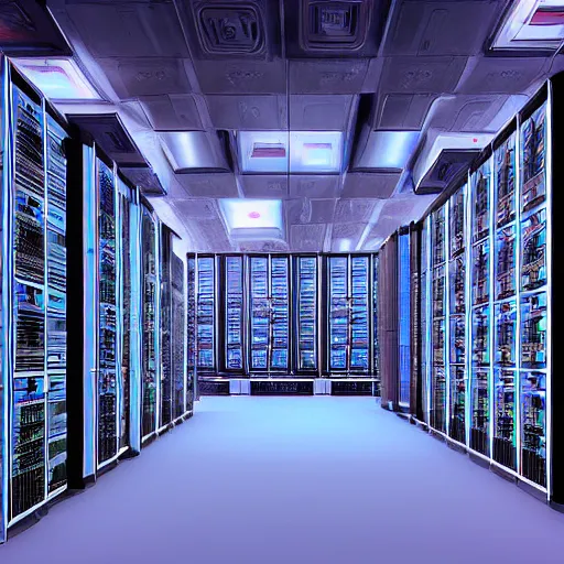 Image similar to “looking out over a 3D model of a cyberpunk city. Scene rendered inside of a large server room. The computer servers are actually the buildings in the city.”