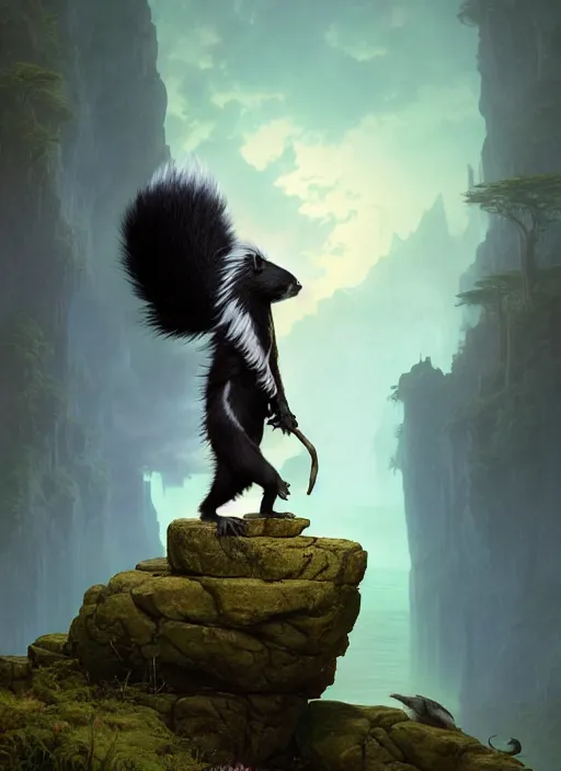 Prompt: skunk warlock standing on top of a rock in the moonlight, bushy tail, DnD character, unreal engine, octane render, dramatic lighting, pond, digital art, by Stanley Artgerm Lau, greg rutkowski, thomas kindkade, alphonse mucha, loish, norman Rockwell