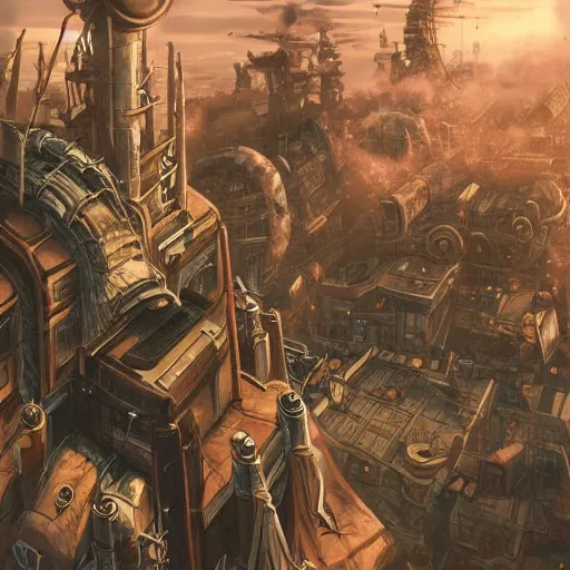 Prompt: a giant steampunk justin sun attacking a city, defense cannons can be seen trying to shoot it down, studio ghibli, anime, extremely detailed, intense, cinematic drone shot, cinematic lighting,