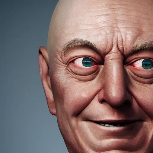 Image similar to photo realistic, uncanny valley, hyper realistic, 8 k, octane render, vray, portrait of a very wrinkly elon musk wearing a flabby jeff bezos skin suit, dead shiny black shark eyes saggy skin, melted face, entire head, bald