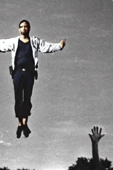 Image similar to a photo taken from a distance of police surrounding a man floating in the air with his hands up