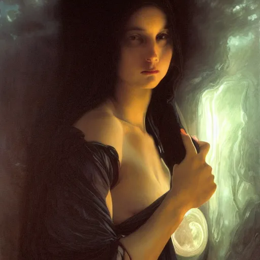 Image similar to awe-inspiring award-winning concept art painting of attractive figure in black shrouds as the goddess of the moonbow, rainbow, by Michael Whelan, William Adolphe Bouguereau, John Williams Waterhouse, and Donato Giancola, cyberpunk, extremely moody lighting, glowing light and shadow, atmospheric, shadowy, cinematic, 8K,