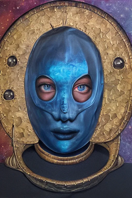 Image similar to hyperrealism oil painting, close - up portrait of face hiding in stingray medieval fashion model, knight, steel gradient mixed with nebula sky, in style of baroque mixed with 7 0 s book art