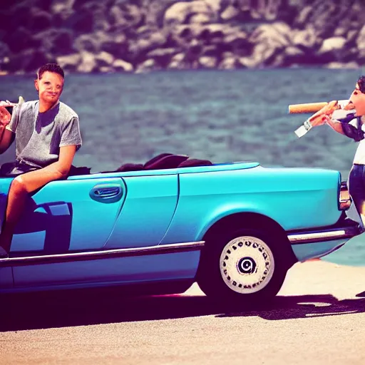 Image similar to a couple smoking a joint by the sea inside a blue BMW with a teenager in the backseat