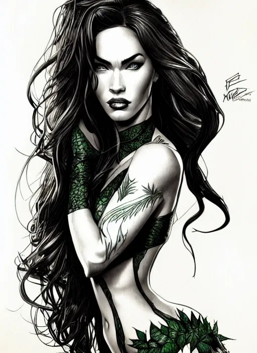 Image similar to concpet art, full shot, traditional ink, sketch, of megan fox as poison ivy, line sketch, intricate, elegant, highly detailed, monochrome, digital painting, artstation, concept art, sharp focus, illustration, art by borderlands 3 and peter polach