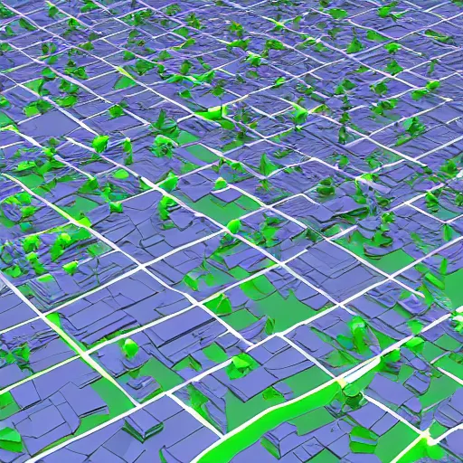 Prompt: low poly count city model with false color map shader for energy analysis