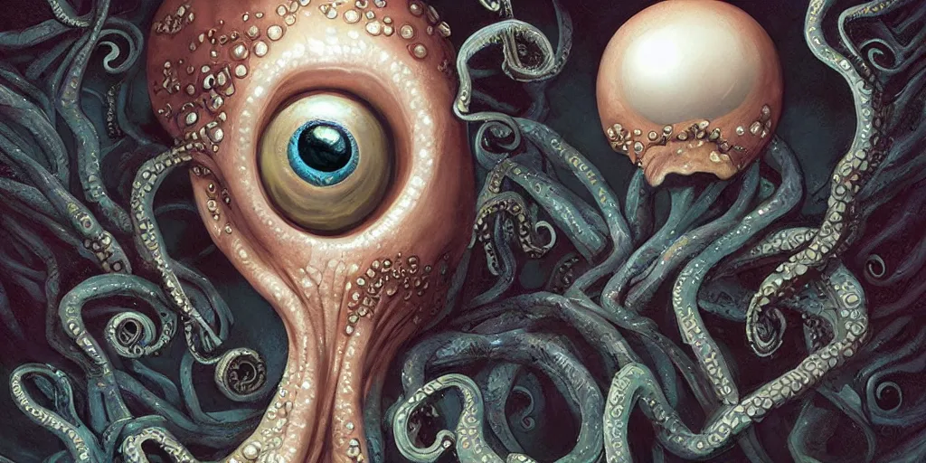 Image similar to queen octopus with a giant eyeball pearl head by Anato Finnstark, Tom Bagshaw, Brom