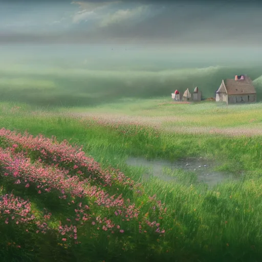 Prompt: a matte painting of a european prairie, cottages, foggy, patchy flowers, oil painting, pale colors, high detail, 8 k, wide angle, trending on artstation,