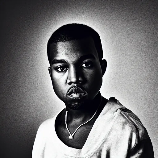 Image similar to the face of young kanye west wearing yeezy clothing at 1 9 years old, black and white portrait by julia cameron, chiaroscuro lighting, shallow depth of field, 8 0 mm, f 1. 8