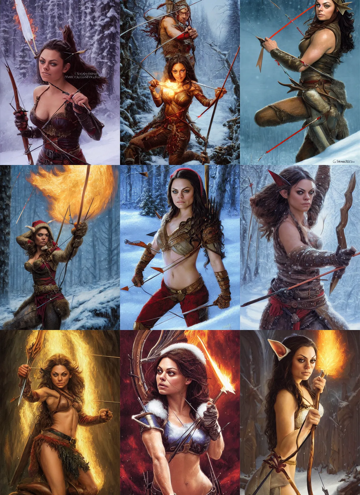 Image similar to face portrait of Mila Kunis as a muscled elf wielding huntsmen bow aiming a flaming arrow, snowy winter scene, Donato Giancola, Mark Brooks, Ralph Horsley, Charlie Bowater, Artgerm, Christopher Balaskas, Bastien Lecouffe-Deharme, Boris Vallejo