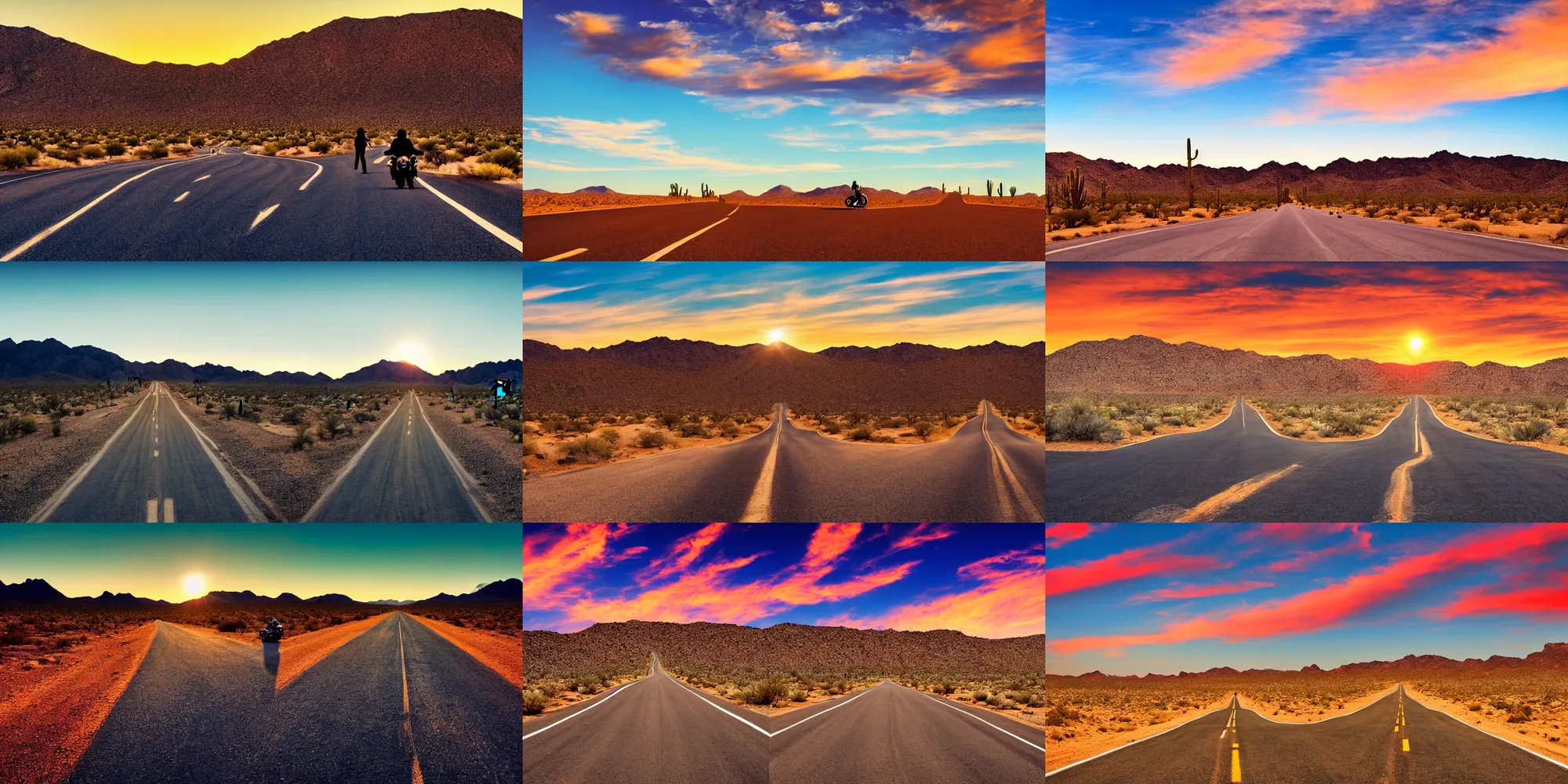 Prompt: road california desert, sunset, blue sky, cactus, high detailed, one motorbike in center of frame, romantic couple, go out here, beautiful concept photo, wallpaper