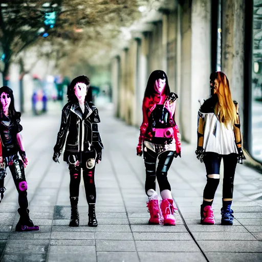 Prompt: a photo of 4 cyber - punk cyberpunk girls of different ages in different outfits, 5 0 mm lens, f 1. 4, sharp focus, ethereal, emotionally evoking, head in focus, volumetric lighting, blur dreamy outdoor,