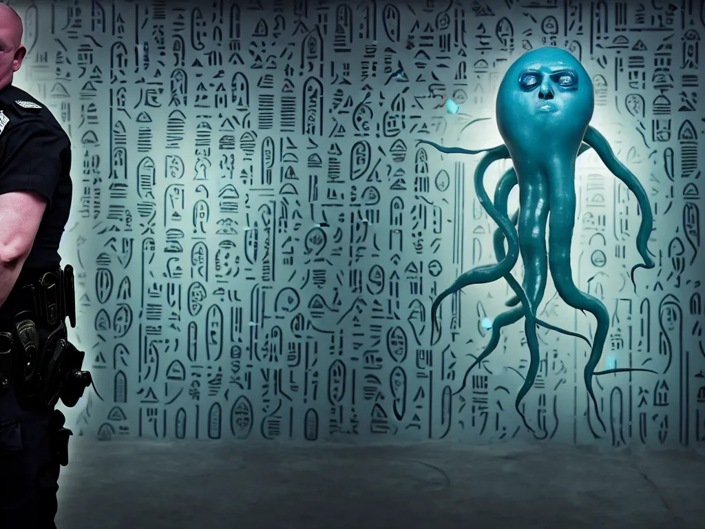 Image similar to a perfect colour violent photograph of a human test specimen in a silicone police station designed in a hyper ridiculous manner. the bulbous chambers are adorned with cryptic threatening hieroglyphs. the man is engulfed by runny gelatinous squids. perfect focus, studio lighting, gallery setting