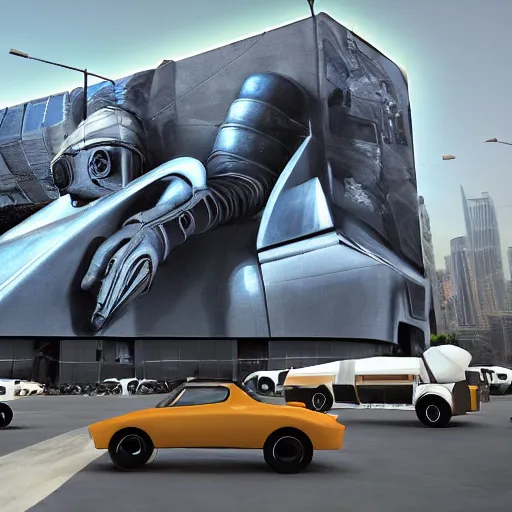 Prompt: sci-fi cars trucks motorcycles 50% of canvas in center and wall near structure on the coronation of napoleon and digital billboard photogrammetry point cloud in the middle and everything in style of zaha hadid and suprematism forms unreal engine 5 keyshot octane artstation trending in style of blade runner 2049 2017 ultra high detail ultra photo realistic 8k 16k in plastic dark tilt shift