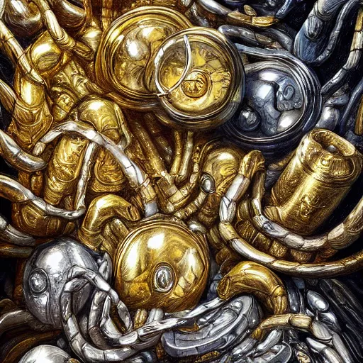 Image similar to a pile of shiny gold and silver treasure, fantasy art, trending on art station, highly detailed, hyper realism, art,