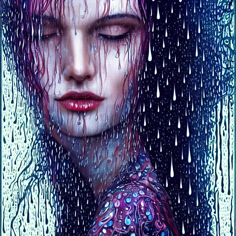 Image similar to bright asthetic portrait of LSD in rain with wet hair and face, liquid, fantasy, intricate, elegant, dramatic lighting, highly detailed, lifelike, photorealistic, digital painting, artstation, illustration, concept art, smooth, sharp focus, art by John Collier and Albert Aublet and Krenz Cushart and Artem Demura and Alphonse Mucha