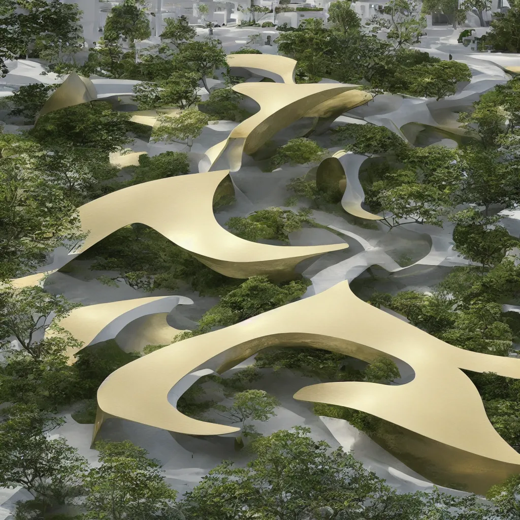 Image similar to “ an incredibly smooth curvilinear architectural sculpture, unfolding continuous golden surfaces enclose a visually interesting japanese zen garden designed by zaha hadid, architecture render ”
