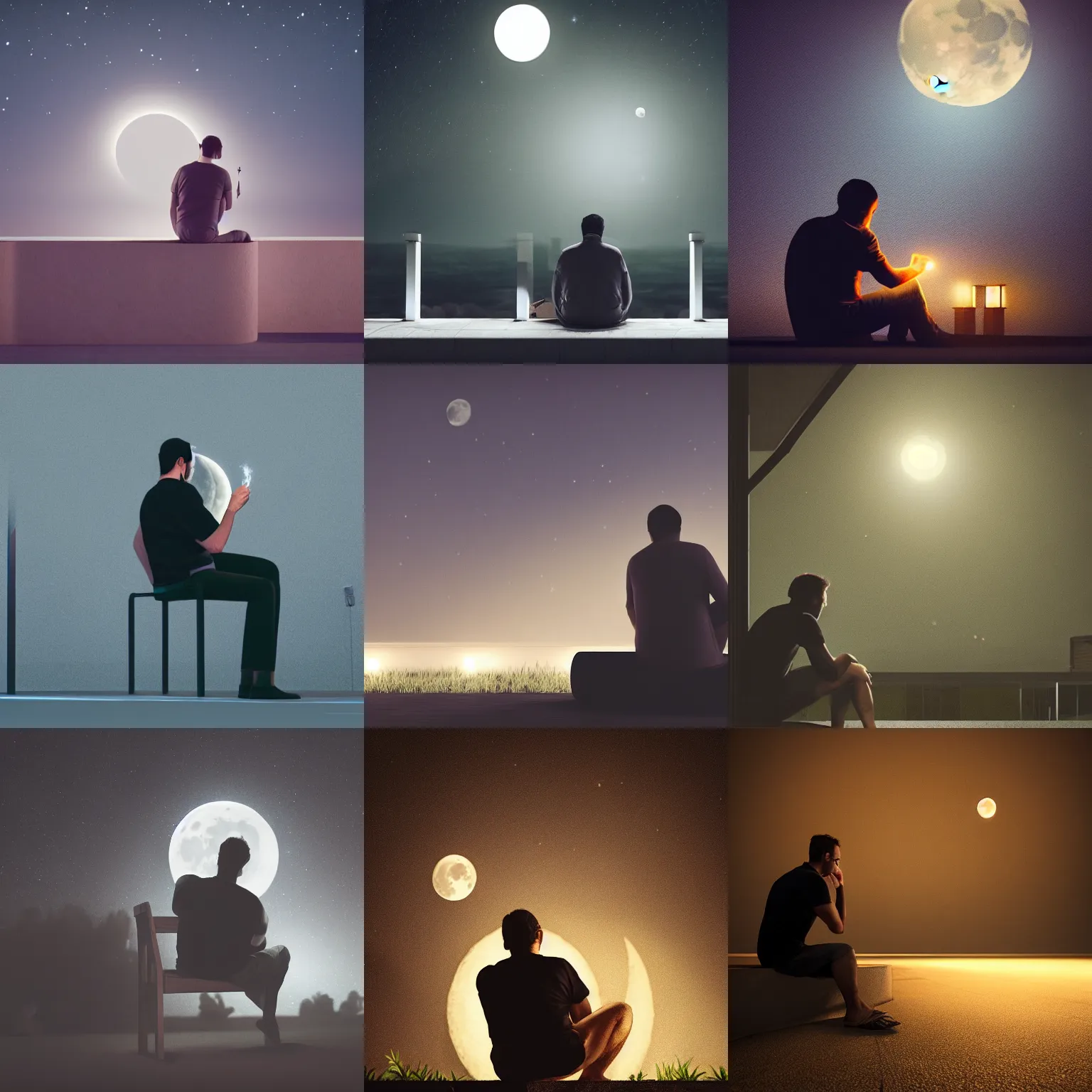 Prompt: man sitting at night smoking and looking at the moon with his back to the camera, dark, hyper realistic, epic, octane render, trending