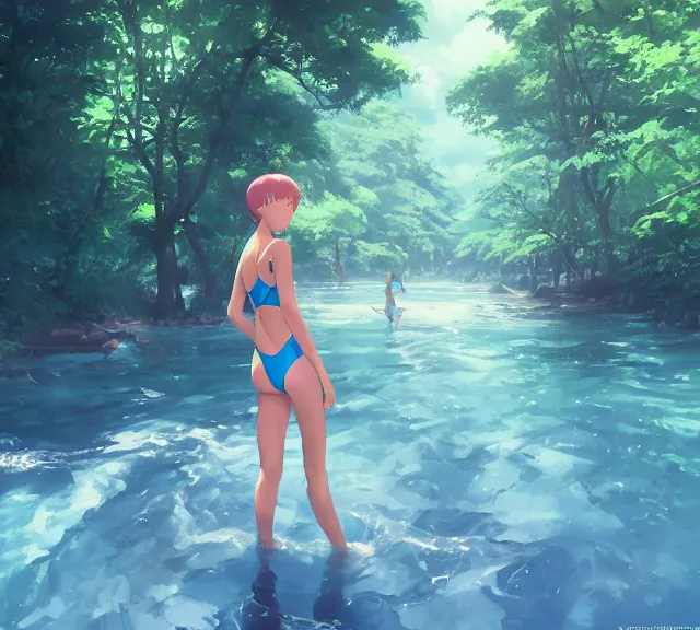 Image similar to one single girl wearing a blue bathing suit wading, standing in a narrow river, trees bent over the river, shady, ripples, facing, looking at the camera, inviting look, atmospheric lighting. By Makoto Shinkai, Stanley Artgerm Lau, WLOP, Rossdraws, James Jean, Andrei Riabovitchev, Marc Simonetti, krenz cushart, Sakimichan, trending on ArtStation, digital art.