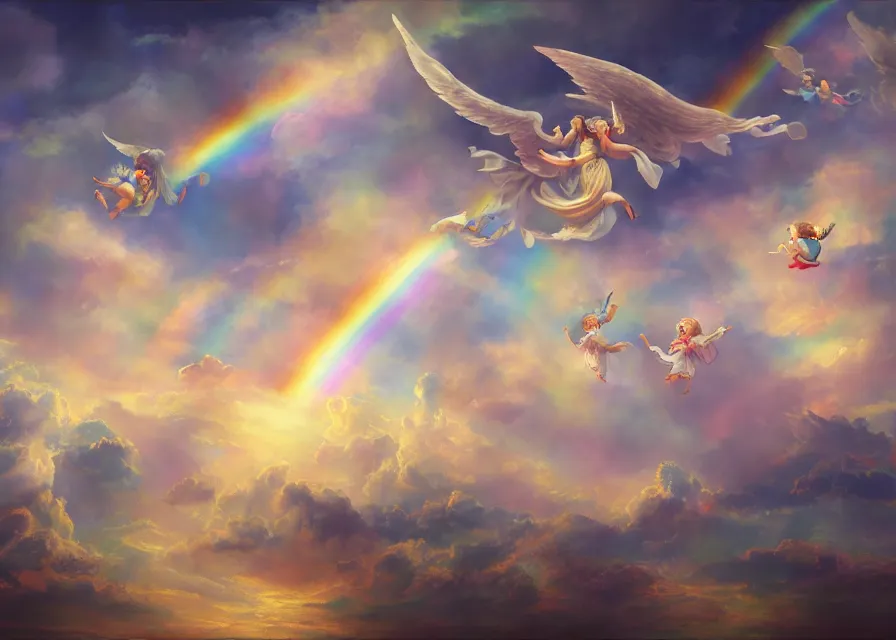 Prompt: realistic painting of angels flying around a giant pipe organ in the sky, joy, rainbow, magic, dreamy, clouds, pastel colors, dusk, rowena doge, zhiwei tu, fenghua zhong digital art, 4 k, trending on artstation, 4 k