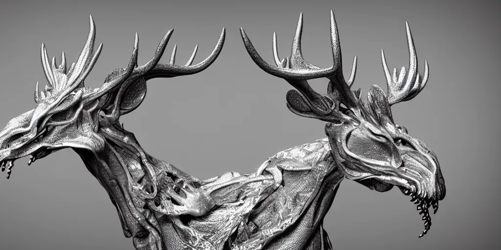 Image similar to stylized shiny polished silver statue full body bizarre extra limbs cosmic horror quadruped animal moose deer skull four legs made of marble of slug worm creature tendrils perfect symmetrical body perfect symmetrical face hyper realistic hyper detailed by johannen voss by michelangelo octane render blender 8 k displayed in pure white studio room anatomical deep red arteries veins flesh hell