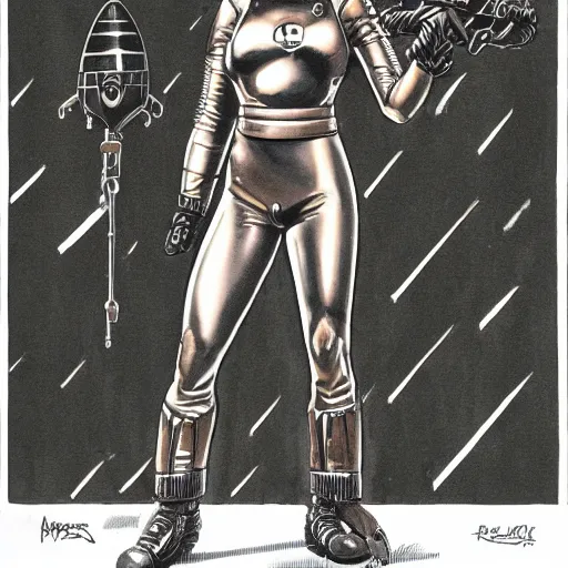 Image similar to a muscular bronze - skinned silver - eyed woman warrior wearing flight suit and kevlar vest, holding a ray gun, at spaceship airlock, highly detailed, ron cobb, alien 1 9 7 9, mike mignola, trending on art station, illustration, comic book