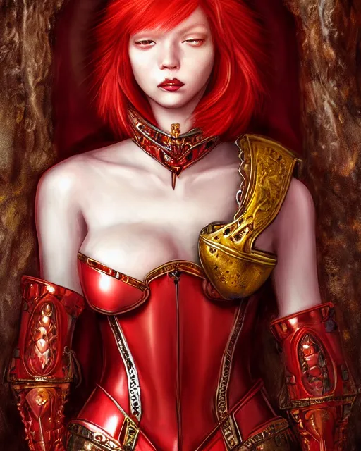 Prompt: redhead queen knight in red armor, exposed beating heart in chest with gold veins, inside grand hall in castle with rococo aesthetic, crown, scar face, elden lord, intimidating, high fantasy, intricate detail, digital painting, artstation, concept art, smooth, sharp focus, illustration, art by yoshitaka amano and monia merlo and wlop