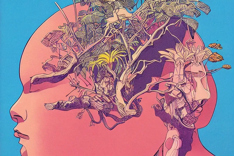 Image similar to gigantic woman head, a lot of exotic vegetation around, trees, flowers, risograph!, oldschool vintage sci - fi flat surreal design, super - detailed, fullshot, painting by moebius