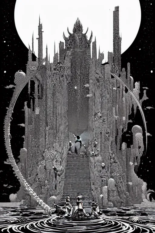 Image similar to underworld throne by nicolas delort, moebius, victo ngai, josan gonzalez, kilian eng