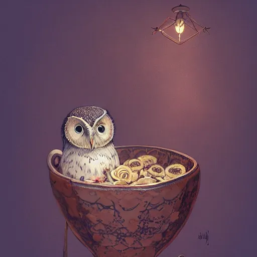 Image similar to long shot of a very cute owl chick nesting in a very romantique cup, by esao andrews, by james jean, marc simonetti, by victo ngai, humorous illustration, hyperrealistic, big depth of field, warm colors, night scenery, dim light, 3 d octane render, 4 k, hyperdetailed, hyperrealistic, trending on artstation