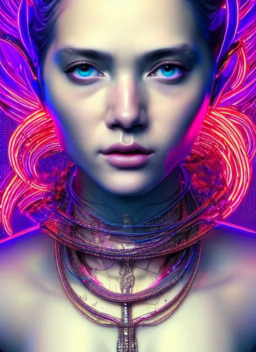 Prompt: a highly detailed long shot photo of very intricate female face portrait, futurism, rococo cyber neon lighting, detailed futuristic fibonacci jewelry, profile posing, hyper photorealistic, crispy quality, digital photography, trending in pinterest, cinematic, 4 k ultra hd, art by pascal blanche, art by greg rutkowski, art by artgerm,