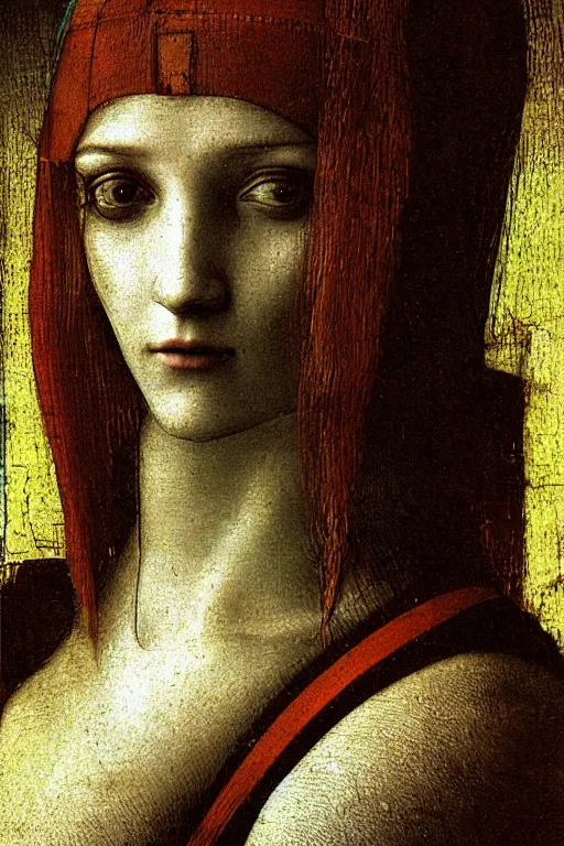 Image similar to a close - up portrait of a cyberpunk cyborg girl, by leonardo davinci, rule of thirds