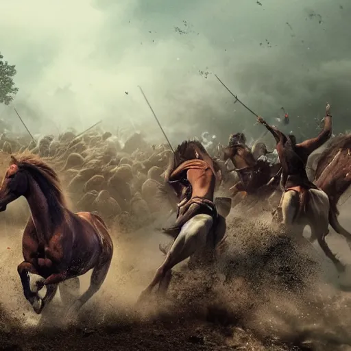 Image similar to an horse attacking a horde of humans in a battlefield, explosions, foggy, dust, dirt, cinematography, photography, realistic, detailed,