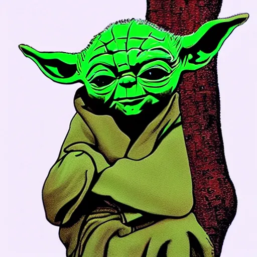 Image similar to yoda sitting in a tree, illustration by mike willcox