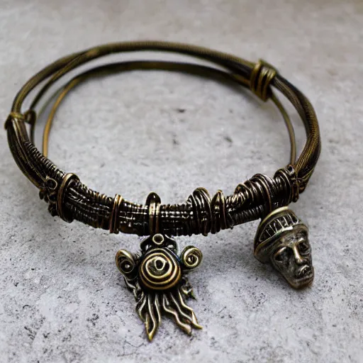 Image similar to poseidon cultists bangle, bronze wire, intricate poseidon style, ancient mediterranean jewelry, fine craftsmanship