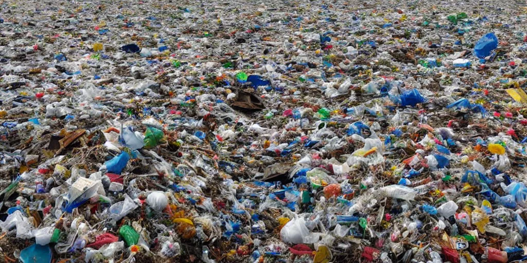 Image similar to planet Earth completely covered with rubbish, junk and plastic garbage, floating in the sky, photorealistic image, very detailed