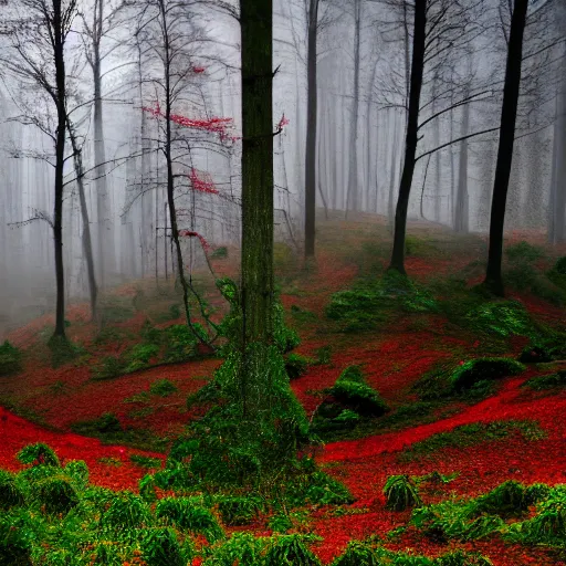 Prompt: a realistic red and Black Forest with fog