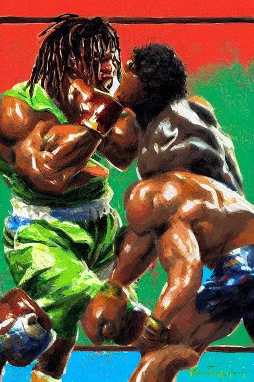 Image similar to fight between rocky balboa and the predator, artstation, concept art, smooth, sharp foccus ilustration hq, painting in the style of leroy neiman, green tones